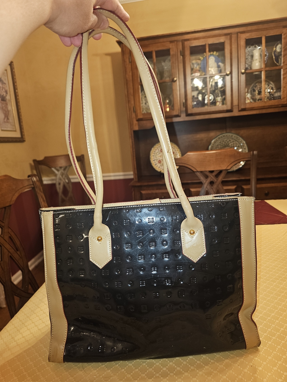 Arcadia Black Patent Tote with Cream Trim - Heavily Discounted Due To Damage